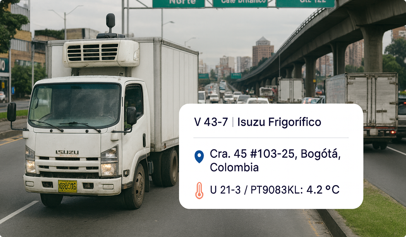 Refregirated truck on high way in bogota Colombia with Axxon vehicle tracking interface on the screen showing real-time data remotely.